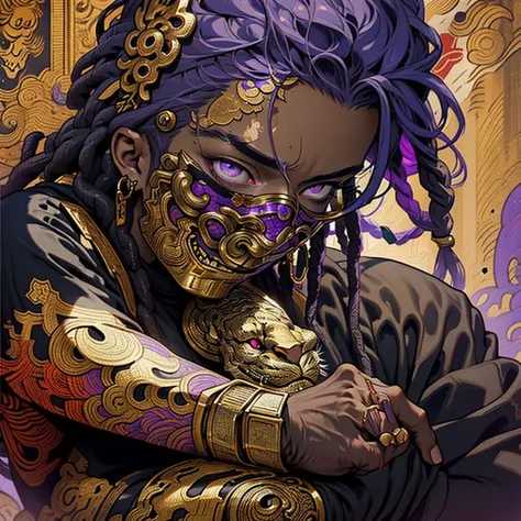 Dark, African American, MAN, indiffirent, powerful,mirroring DEMON,ONI, bewitching dreadlocks, dark clothing, dark armor, fantasy, gold purple and black color palette, determined deep purple eyes 