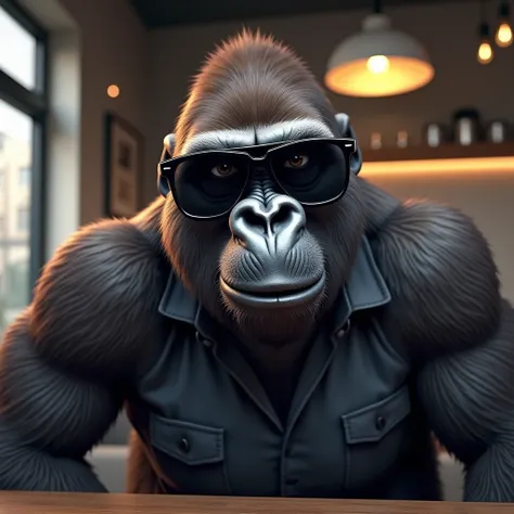 サングラスを少しずらして見るイケイケゴリラ: "Illustrate a hyper-realistic image of a gorilla in dark, wraparound sunglasses, pushing them down slightly to peer over the top with a mischievous smile. The gorilla is wearing a trendy button-up shirt, and its expression suggests i...