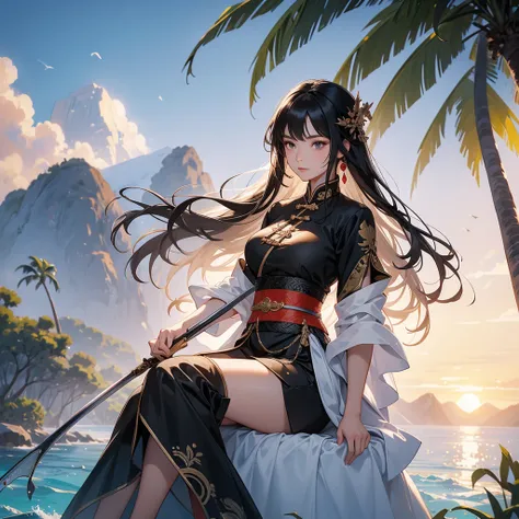 a beautiful woman black-haired female general holding a large sword in ancient Chinese general costume, sitting fishing by the blue sea under the coconut tree behind there are mountains, with low, lazily floating clouds, sunset, close up.