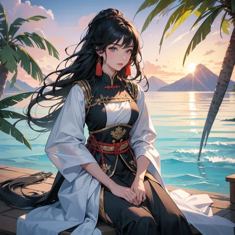 a beautiful woman black-haired female general holding a large sword in ancient Chinese general costume, sitting fishing by the blue sea under the coconut tree behind there are mountains, with low, lazily floating clouds, sunset, close up.