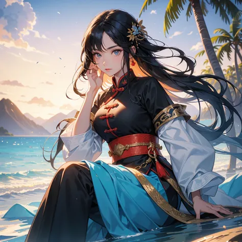 a beautiful woman black-haired female general holding a large sword in ancient Chinese general costume, sitting fishing by the blue sea under the coconut tree behind there are mountains, with low, lazily floating clouds, sunset, close up.