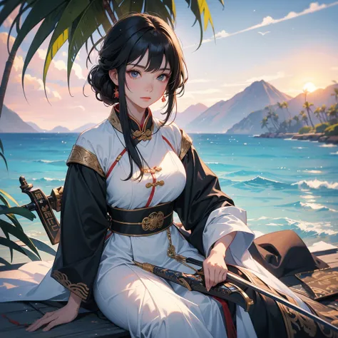 a beautiful woman black-haired female general holding a large sword in ancient Chinese general costume, sitting fishing by the blue sea under the coconut tree behind there are mountains, with low, lazily floating clouds, sunset, close up.