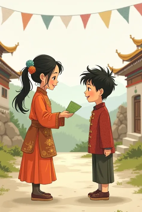 Aesthetic sketch of a girl giving a green letter to a boy who responds with a smile in a Bhutanese uniform