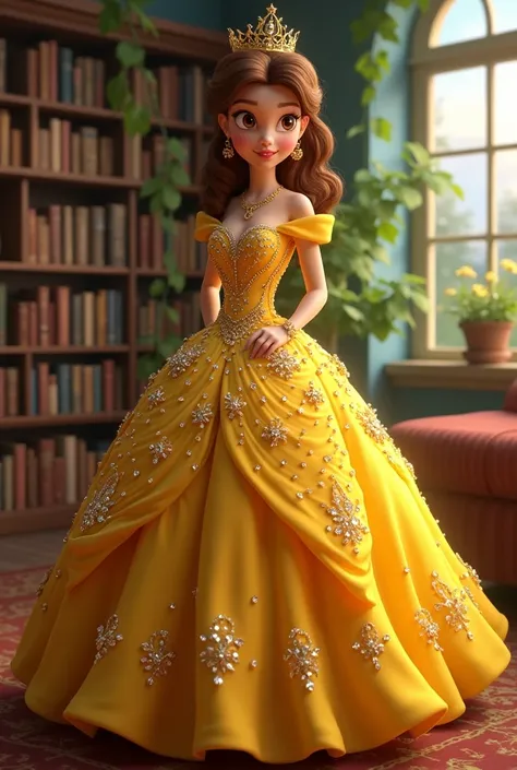 (photorealism:1.2), Disney princess Bella, standing in a library, wearing glamorous, bright, dazzling, yellow ball outfit full of diamonds, brown and gorgeously tied hair, indoors, soft lighting, plants in background, window with moonlight, cozy room, stan...