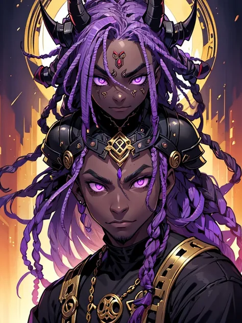 Dark, African American, MAN, indiffirent, powerful,mirroring DEMON,ONI, bewitching dreadlocks, dark clothing, dark armor, fantasy, gold purple and black color palette, determined deep purple eyes 