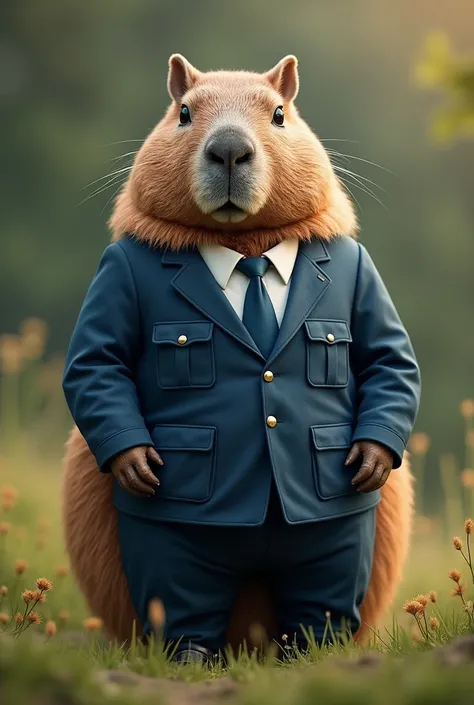 Create a capybara with a uniform that has blue pants and a white shirt.