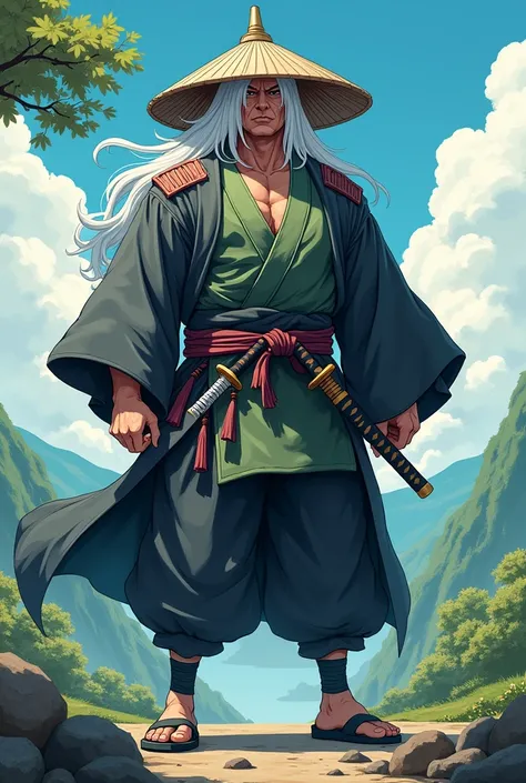 animated, big boy, Ronin, double-katana, White hair, cone hat , I want the katanas back in their sheaths 