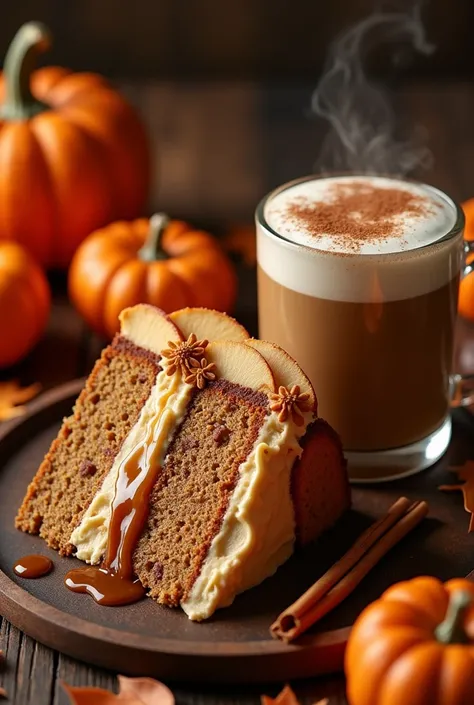 {Caramel Apple Cake with Spiced Latte} -- A delightful pairing of a caramel apple cake and a warm spiced latte, capturing the essence of Halloween in a cozy, luxurious way. The cake is a moist apple spice cake, layered with caramel buttercream and drizzled...