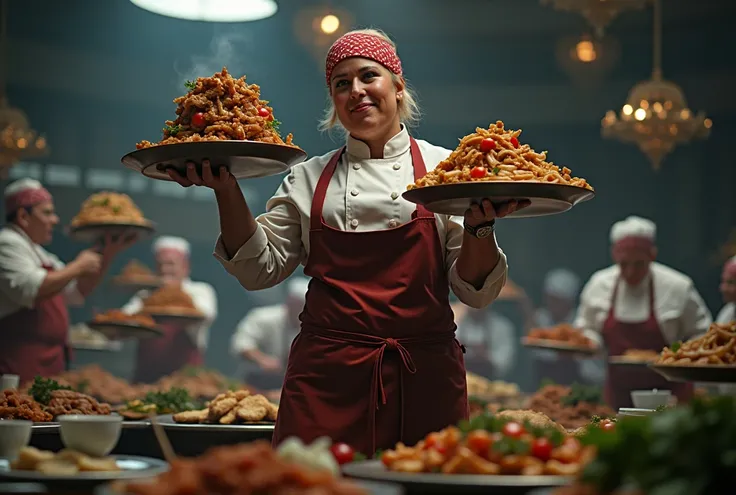 Heaps of food in both hands,cooking battle,fat muscular woman Iron Chef: Quest for an Iron Legend,the back ground is in a fancy restaurant, surrounded by food, food everywhere, table full of food in foreground,kitchen stadium