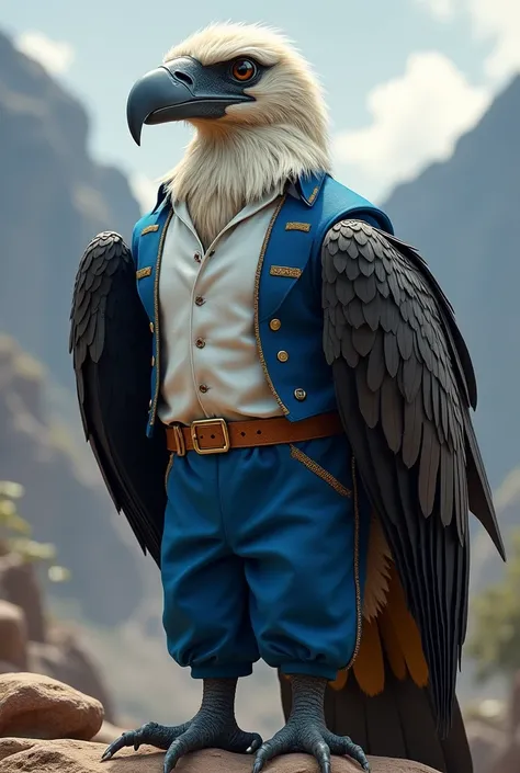 Create a condor with a uniform that has blue pants and a white shirt.