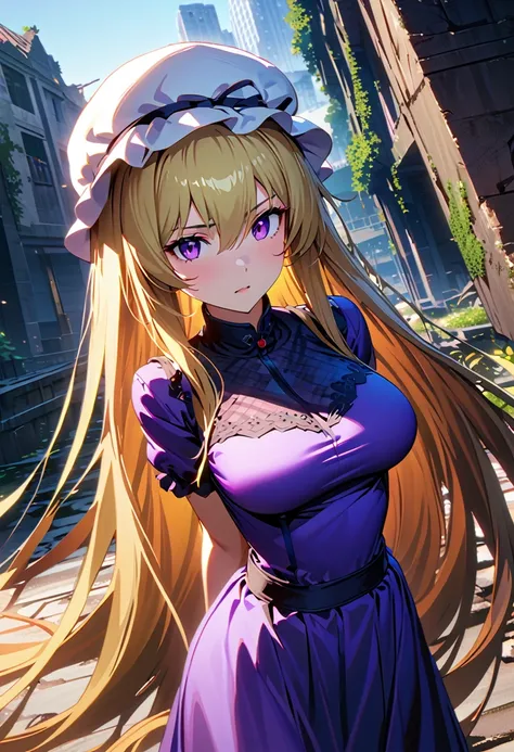 {yakumo_yukari_Touhou:1.15},Long shot of a girl standing in the ruins of a high-rise building,Ivy-covered ruins,(((Ruins of a big city)),((masterpiece, Highest quality, Extremely detailed CG, unity 8k wallpaper )),(masterpiece, Highest quality, Highest qua...