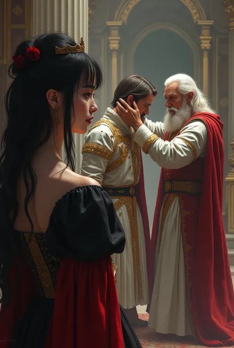 a woman with half-dark white hair and a red and black dress sadly watches from afar as an old man places the crown on the head of another man with white hair and armor