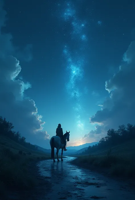 One passing road with his horse in night in cosmic areas 