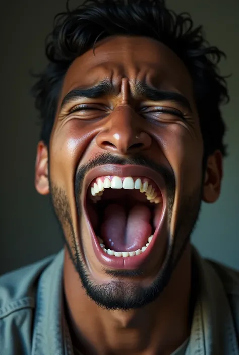 Young man with brown skin crying loudly