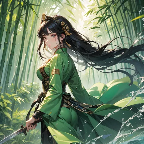 a beautiful woman black-haired female general holding a large sword in ancient Chinese general costume, the back is a lush green bamboo forest. the air after rain has water droplets splashing around.