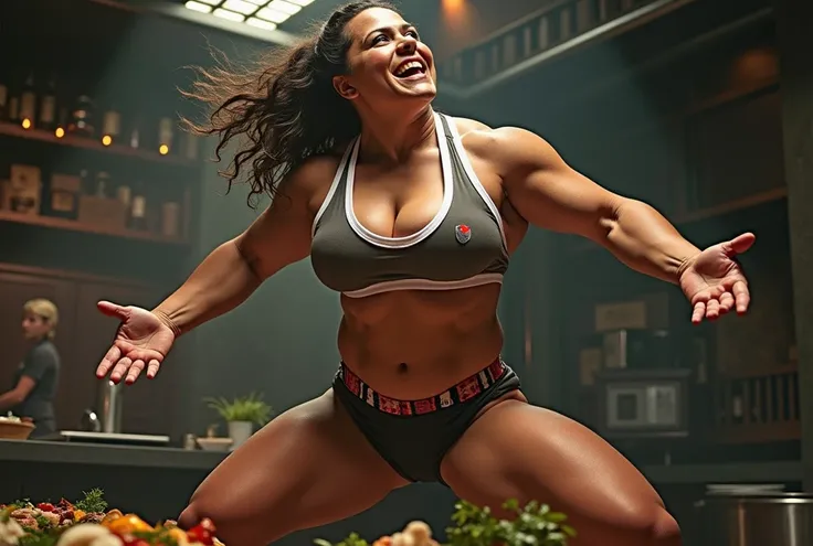 Heaps of food in both hands,cooking battle,fat muscular woman Iron Chef: Quest for an Iron Legend,the back ground is in a fancy restaurant, surrounded by food, food everywhere, table full of food in foreground,kitchen stadium