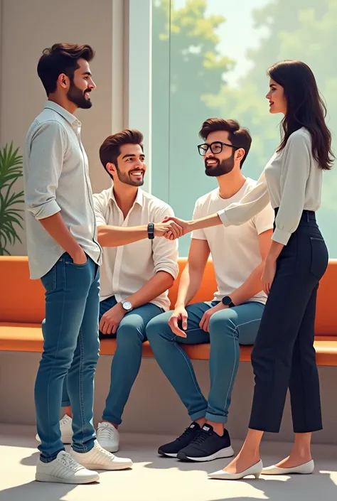 Two young men are waiting for their girlfriends in the reception area of ​​the office. One young man is wearing a white printed shirt, jeans, white shoes and smart watch and the other one is wearing a white full sleeve T-shirt, jeans, glasses and black sne...