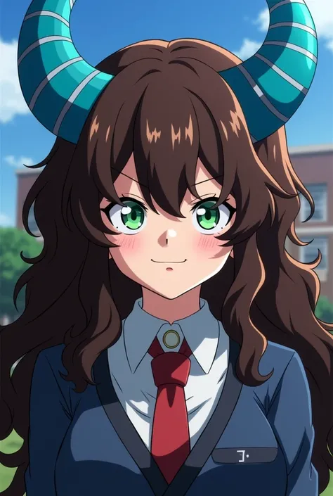 Screenshot of my hero academia girl long curly hair brown hair , blue demon horns and green eyes. He is wearing the UA uniform