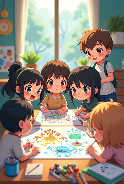 A group of people drawing, chibi anime