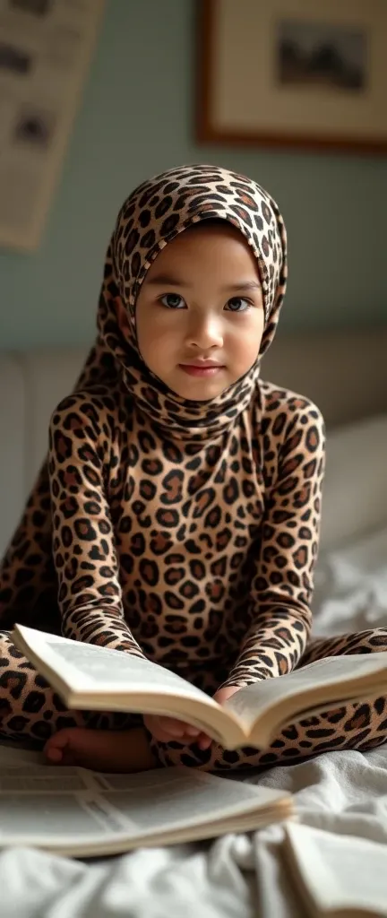 The most beautiful,thin,clever and most pretty Malaysian muslimah child girl wears leopard print lycra turtleneck unitard catsuit covered with spots.She always wear leopard print cotton dancewear stretchy square hijab covered with spots.She sits on the bed...