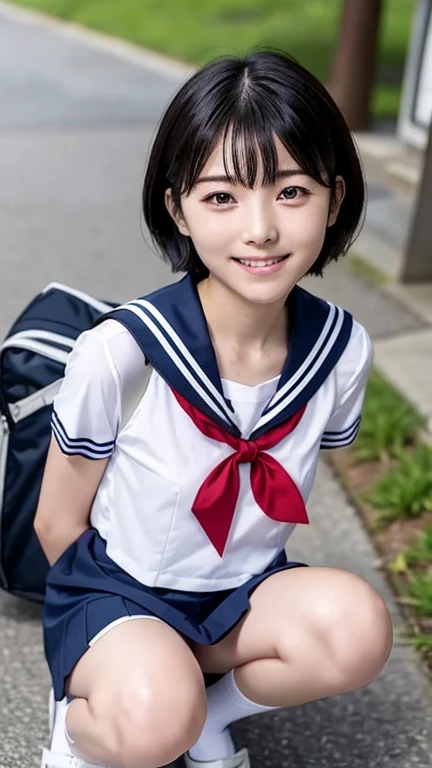 Japanese women　　Primary school students　Slender body、Summer clothes、Short sleeves with collar、Sailor suit、紺色mini skirt　boyish、Red ribbon on chest、Shortcuts、Sports Bags　Black Loafers　White socks ,mini skirt　short hair　Smile