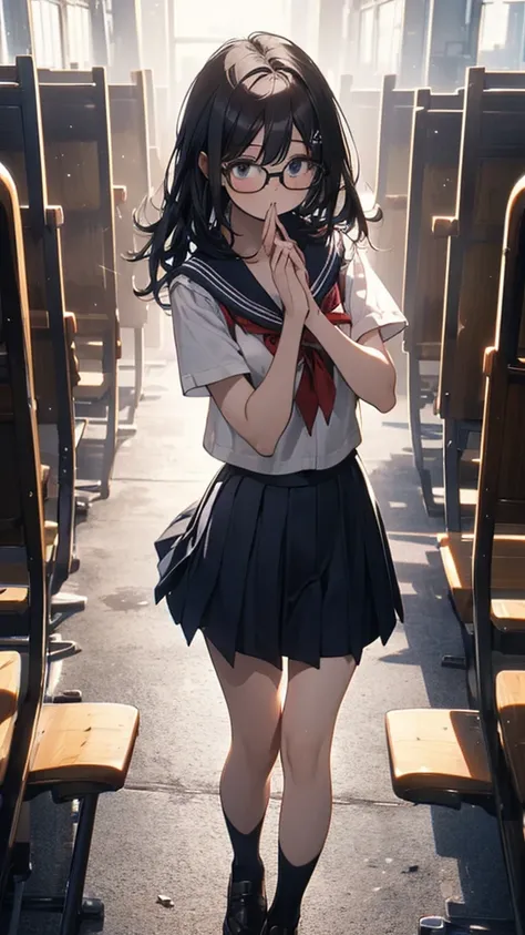 summer、empty classroom、thick、Sweat、high school girl、Low length、(((Long black hair:1.2　hair band)))(((Black-rimmed glasses:1.2　black eye)))、Backlight、evening、Nostalgic atmosphere、Look at this、High position、Cowboy Shot、glamorous、Checked mini skirt、Navy knit ...