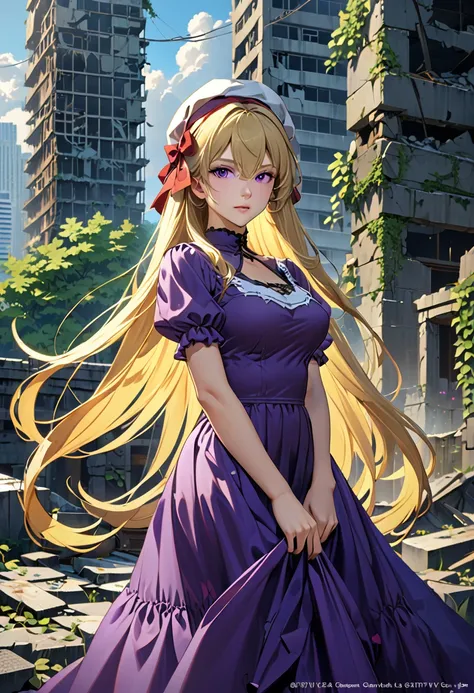 {yakumo_yukari_Touhou:1.15},Long shot of a girl standing in the ruins of a high-rise building,Ivy-covered ruins,(((Ruins of a big city)),((masterpiece, Highest quality, Extremely detailed CG, unity 8k wallpaper )),(masterpiece, Highest quality, Highest qua...