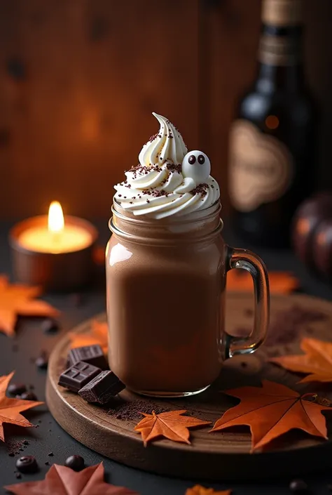 {Midnight Mocha with Whipped Cream Ghosts} -- A luxurious midnight mocha served in a mason jar, made with dark chocolate and rich espresso, perfect for Halloween. The mocha is topped with a swirl of whipped cream, shaped into cute little ghost figures with...