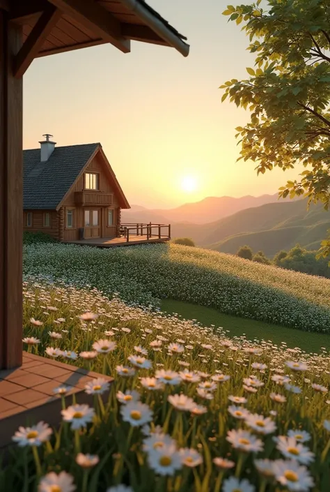 I&#39;m on the balcony of a wooden house. In front of it are two hills full of daisies and the sun is setting behind the hills.
