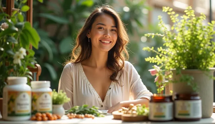 image of a woman with health herbal products advertising 