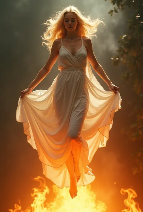 Full body woman, with blonde hair, dressed in white levitating over the fire