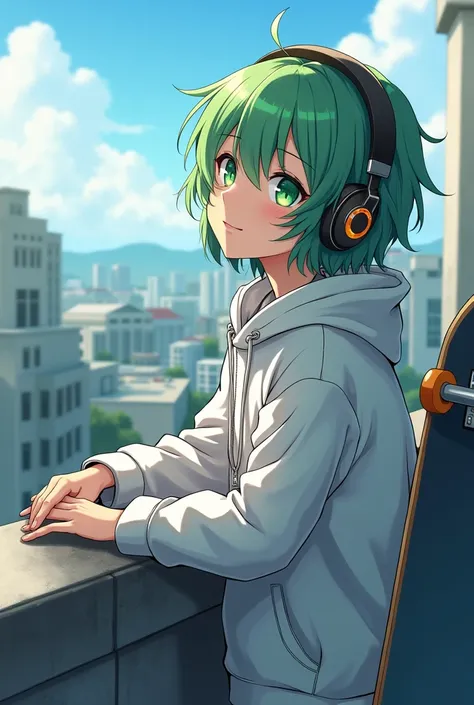 Green hair, Anime green eyes, Anime white coat with hood on head, headphones on head, Anime Pose, relaxing pose , side view, on top of school roof with skateboard in hand Anime