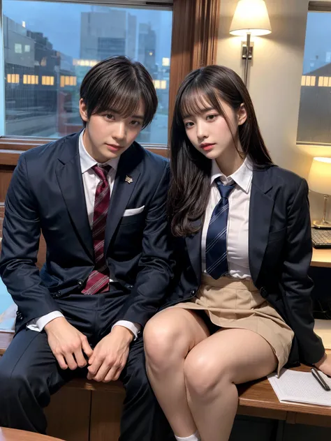 A handsome CEO with his beutiful girlfriend,who is on her highschool hot uniform romancing together with him in his luxury office at night.
While he carefully romantically falls down her hair., laege breasts