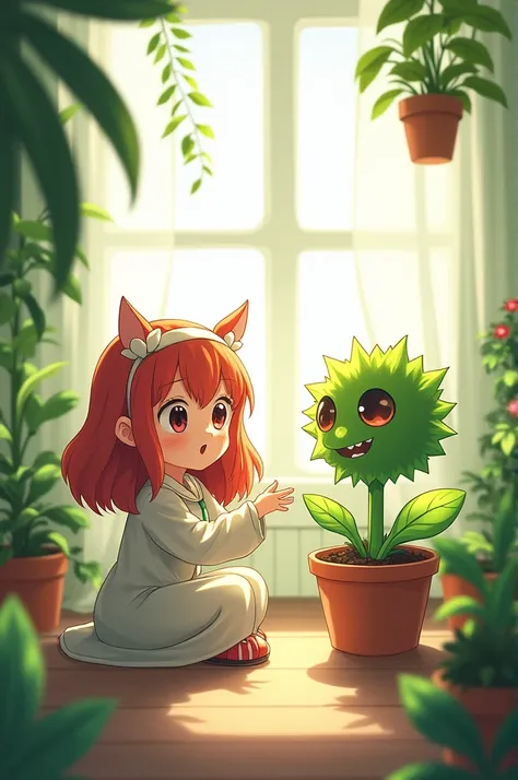 Illustration of an anime girl who grew a houseplant and could talk to it