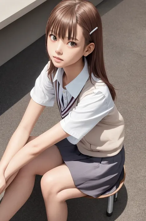 masterpiece, best quality, highres, 1girl hairclip, tokiwadai school uniform photorealistic, sitting