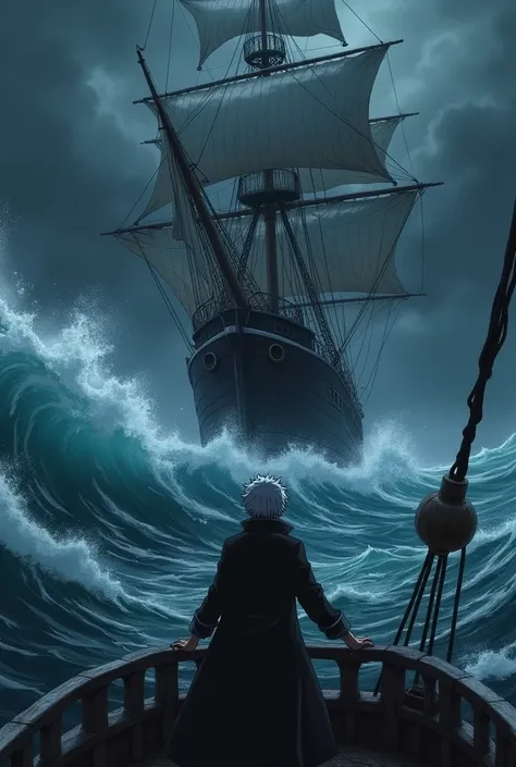 Sakata Gintoki from Gintama, boarded the Big pirate ship,Hands holding the ships barrier,Standing at the edge of the ships deck and looked at the sea.with feelings of sadness, resignation and a small smile challenging fate.There were ocean waves in side ar...