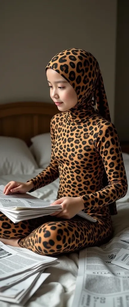 The most beautiful,thin,clever and most pretty thirteen years old Malaysian muslimah girl wears leopard print lycra turtleneck unitard catsuit covered with spots.She always wear leopard print cotton dancewear stretchy square hijab covered with spots.She si...