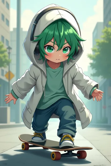 green hair, green eyes, skateboard, headphones, white coat with hood on, Boy, Anime style, sleepy