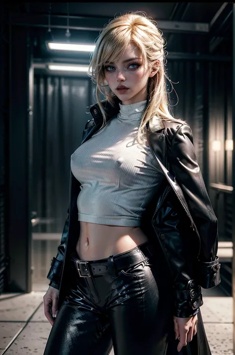 cowboy shot,a pretty 2 girl,blond hair,blue eyes,lora_Emma,slim athletic body,tight and stretched white blouse with buttons,button gap,short sleeves,ultra low rise black shiny latex pants,(double metal belt),empty studiobackground,((black coat on shoulders...