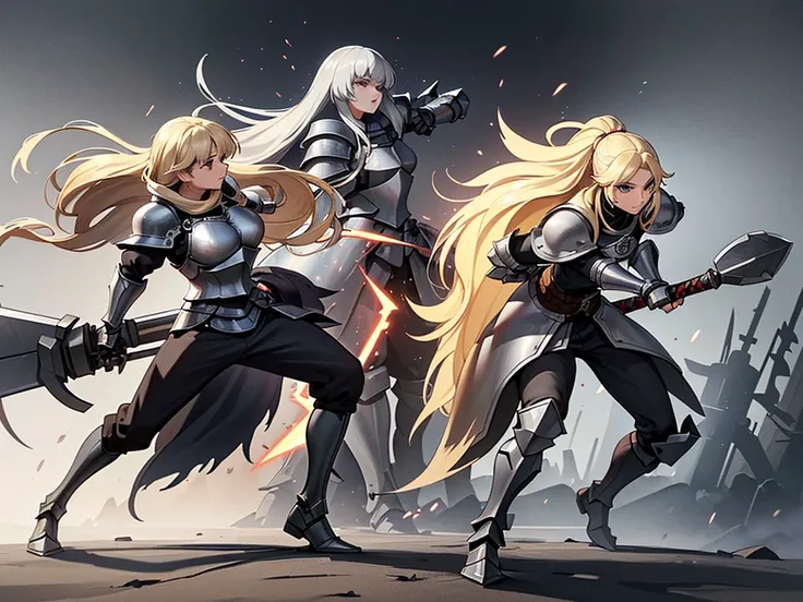 (Full body character concept、10 people)、Highest quality, Best Quality, Best illustrations, (((Grey Armor)))、(((Blonde long hair、woman、1)))、(Medieval Knight)、(Black trousers)、(get annoyed、Clench your teeth)、(White background)、Run、(From the side)、(attack、Mov...