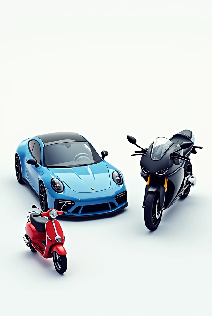 Generate the realistic image of black colour bike blue colour car and red colour scooter and make car in the middle facing straight, bullet bike in the right side and scooter in the left side. In white background