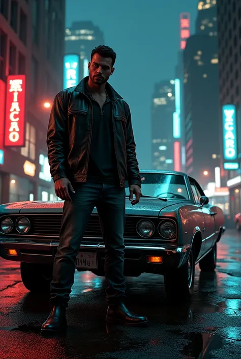 A man with a car in dark city