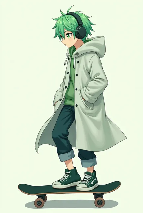 green hair, green eyes, skateboard, headphones, white coat with hood on, Male, Anime style, sleepy