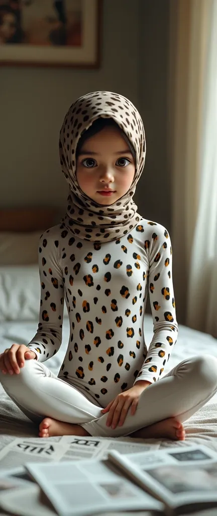 The most beautiful,thin,clever and most pretty thirteen years old Malaysian muslimah girl wears white leopard print lycra turtleneck unitard catsuit covered with spots.She always wear leopard print cotton dancewear stretchy square hijab covered with spots....