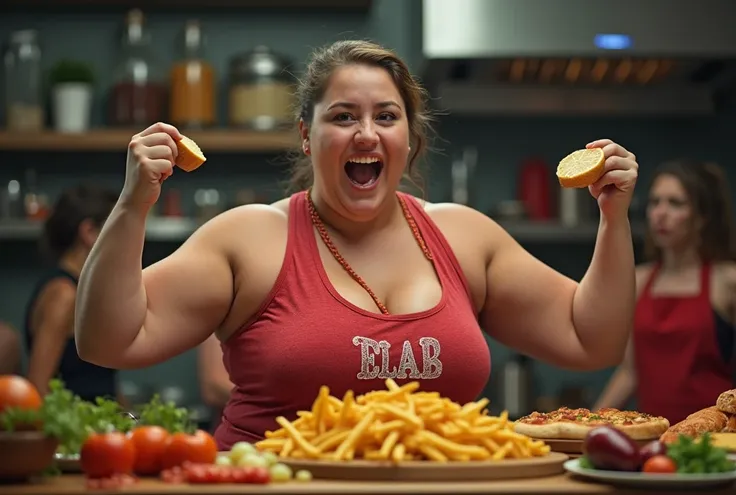 Heaps of food in both hands,fat muscular women Eating battle contest,in kitchen stadium