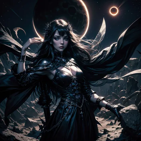  Starlight Priestess moving the moon disk causing an eclipse, gothic stempunk imagery, surrealistic, Avant-garde aesthetics.