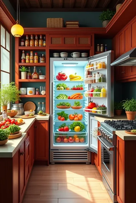 Asian pantry with open refrigerator with fruits and vegvegetables, countertop and stove and cabinet with seasonings and sauces