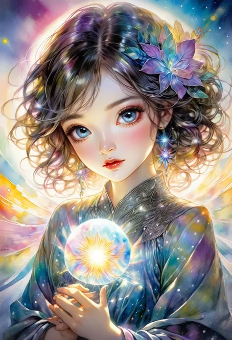 An awe-inspiring watercolor and ink masterpiece inspiring by Jasmine Becket-Griffith, featuring an enchanting, ethereal charming woman radiating celestial energy and holding a radiant light in her hands. Extraordinarily well detailed, serene and caring fac...