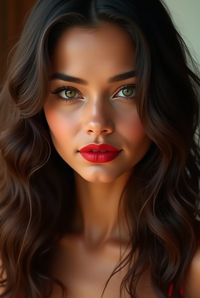 brunette mexican woman with red lipstick with wavy hair with green eyes