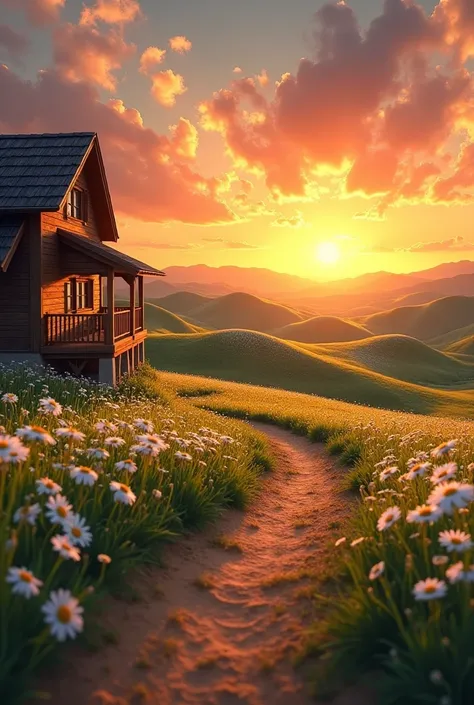 I&#39;m on the balcony of a wooden house and in front of the balcony there&#39;s a dirt road and there are 2 hills full of daisies and the sunset behind the hills.
